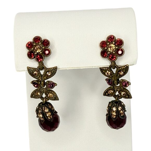 Hobe Red Flower Dangle Drop Earrings 2" Crystal Jewels Of Legendary Splendor - Picture 4 of 13